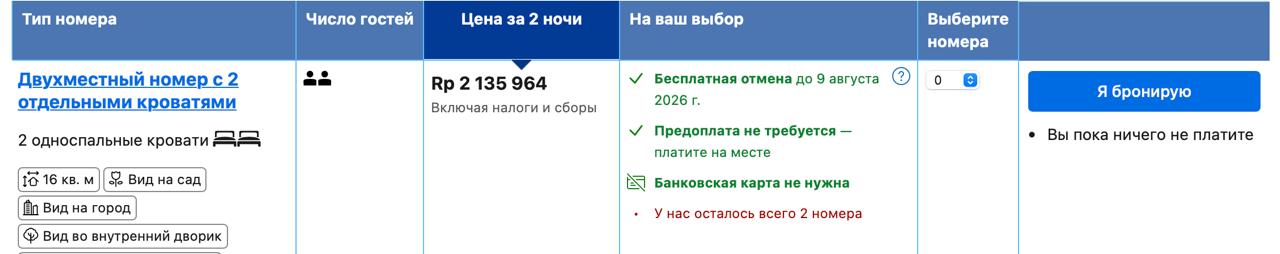 Пример правильного бронирования на Booking.com: бесплатная отмена и без предоплаты